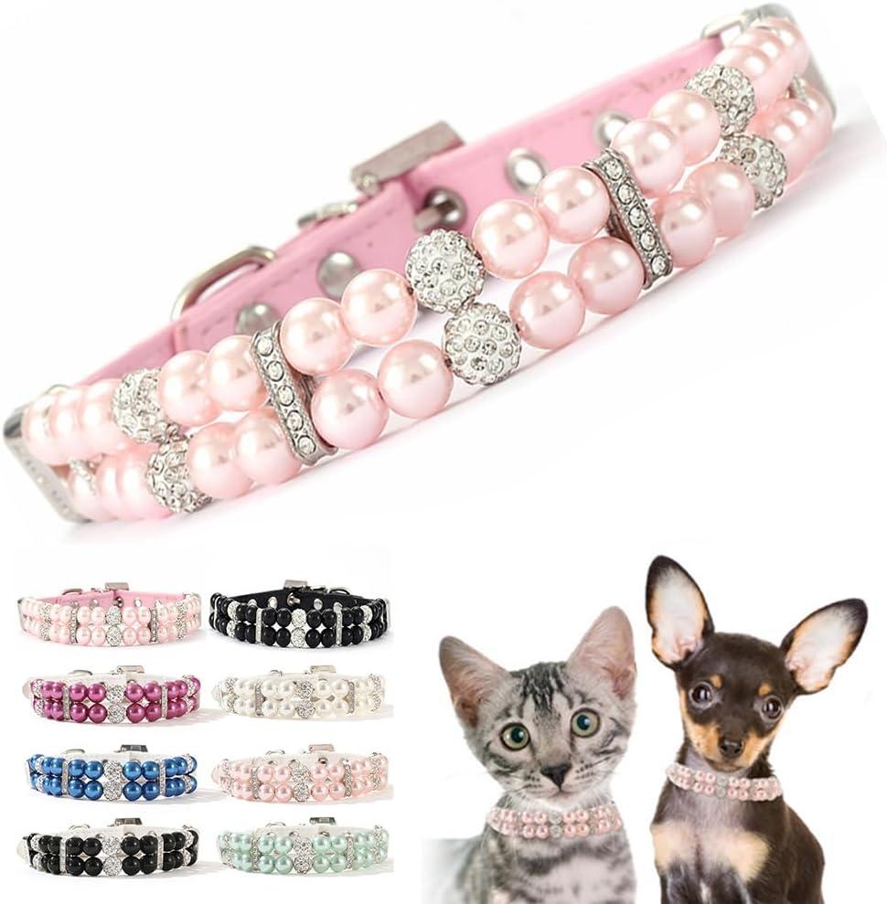 Pink Pearl Dog Collar,Bling Rhinestone Crystal Luxury Beaded Puppy Necklace Fancy Pretty Cute Small Dog Collars Diamond Jewel for XXS XS Small Medium Female Girls Kitten Pet,XXSmall