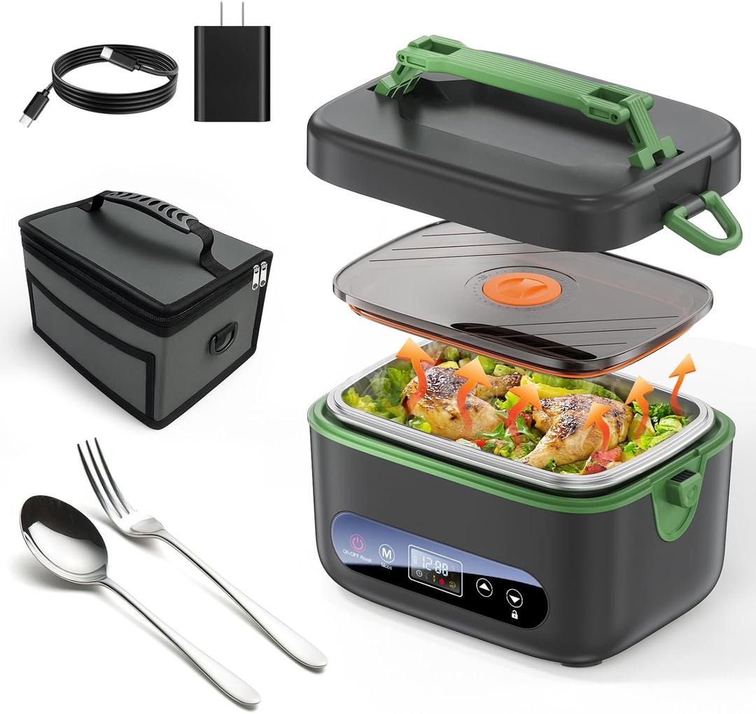 Cordless Electric Lunch Box for Adults20000mAh Rechargeable Heated Lunch Box with Self Heating & 1.2L Portable Food Warmer for Work Travel Car(Gray-Green)