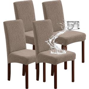 Genina Waterproof Chair Covers for Dining Room, Stretch Jacquard Dining Chair Slipcovers Removable Washable Chair Protector for Kitchen, Hotel, Restaurant (Leaves-Taupe, 4 PCS)