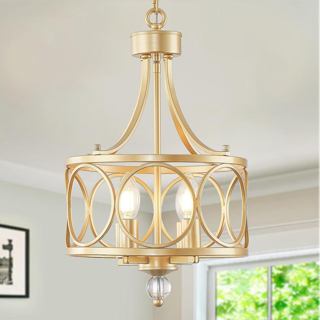 4-Light Gold Chandelier,11.2in Farmhouse Lantern Pendant Light Fixture,Adjustable Hanging Ceiling Lighting with E12 Socket,for Kitchen Island,Bedroom,Entryway,Dining Room