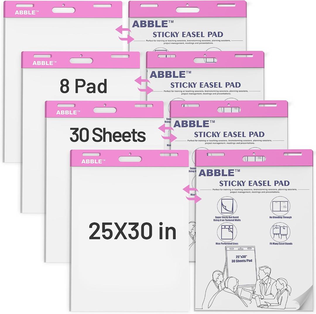 Super Sticky Easel Pad, 25 x 30 Inches, 30 Sheets/Pad, 8 Pads/Pack (Pink), Large Self Stick Flip Chart Paper for Whiteboards, Premium White Chart Paper for Teachers, Office, and Classroom Supplies