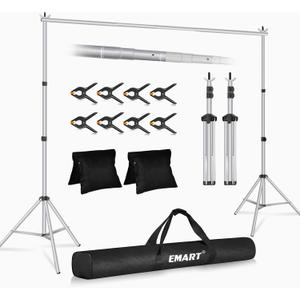 EMART Backdrop Stand 10x8.5ft(WxH) Photo Studio Adjustable Background Stand Support kit with 2 Crossbars, 8 Clamps, 2 Sandbags and Carry Bag for Parties, Events Decoration, Wedding, Photography-Silver