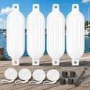 FUCNEN Boat Fenders for Docking, 4 Pack 8.5" x 25" Inflatable Boat Bumpers Fenders with Hand Pump, Fender Ropes, Stainless Steel Fender Hanger Clips, Double-Eye Pontoon Boat Fenders Set(White)