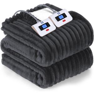 Sealy Electric Blanket Queen Size, Soft Ribbed Flannel to Sherpa Reversible Heated Blanket with Dual Control 10 Heat Settings & 1 to 12 Hours Auto-Off 84"x90" Machine Washable, Charcoal