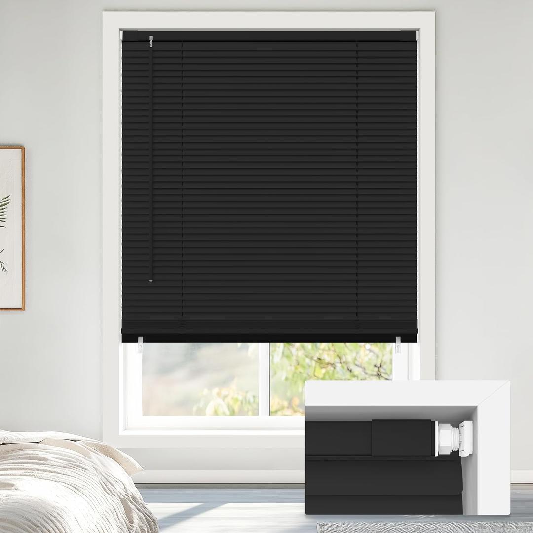 LazBlinds No Tools No Drill Cordless 1" Vinyl Mini Blinds, 100% Blackout Blinds for Indoor Windows, Room Darkening Privacy Window Blinds and Shades for Interior, 30 1/2" W x 64" H, Black