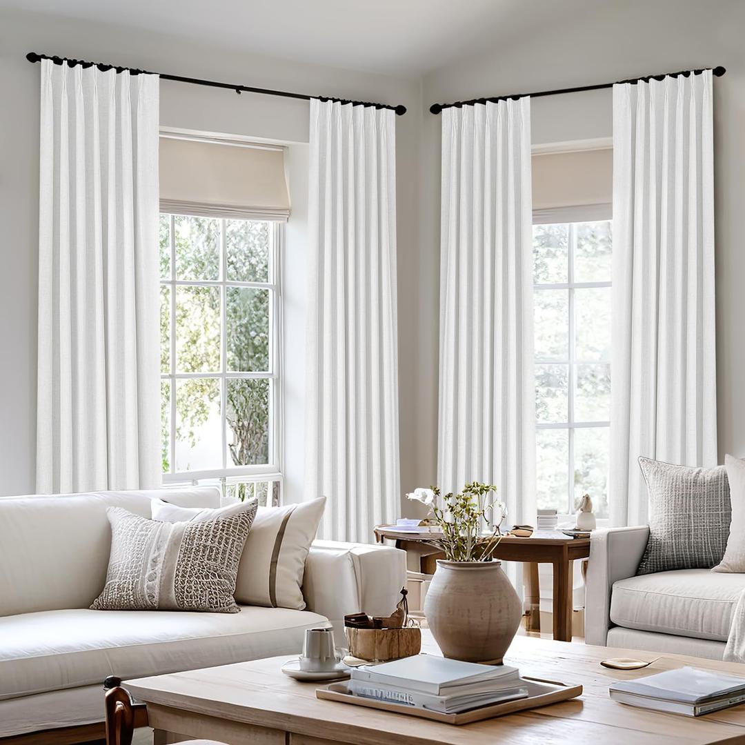 MIULEE White Pinch Pleated 100% Blackout Linen Curtains 90 Inch Length 2 Panels Set, Pleat Curtains with Pin Hooks, Black Out Light Blocking Room Darkening Drapes for Bedroom Living Room Window
