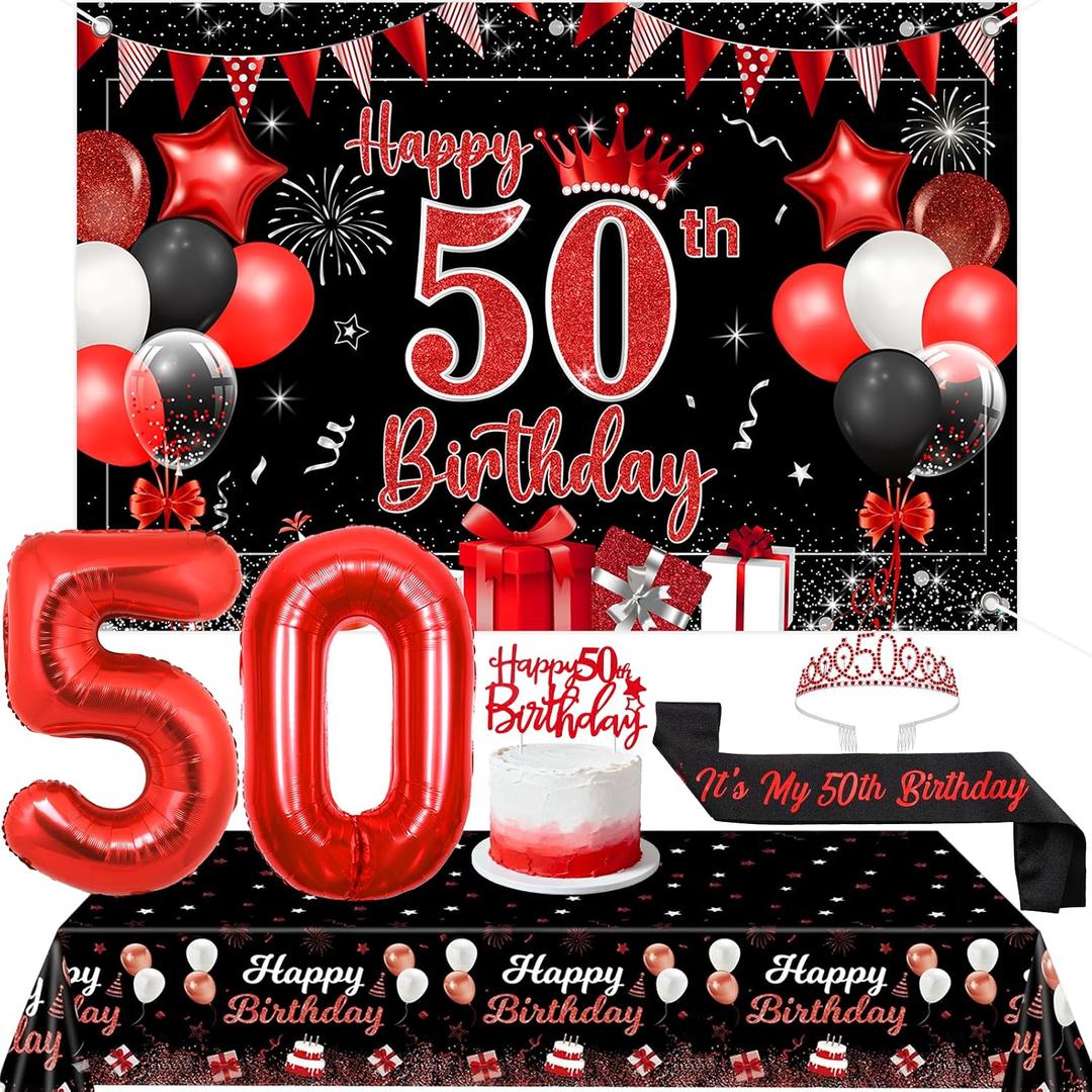 Red and Black 50th Birthday Decorations for 50th Women Bday Party Supplies