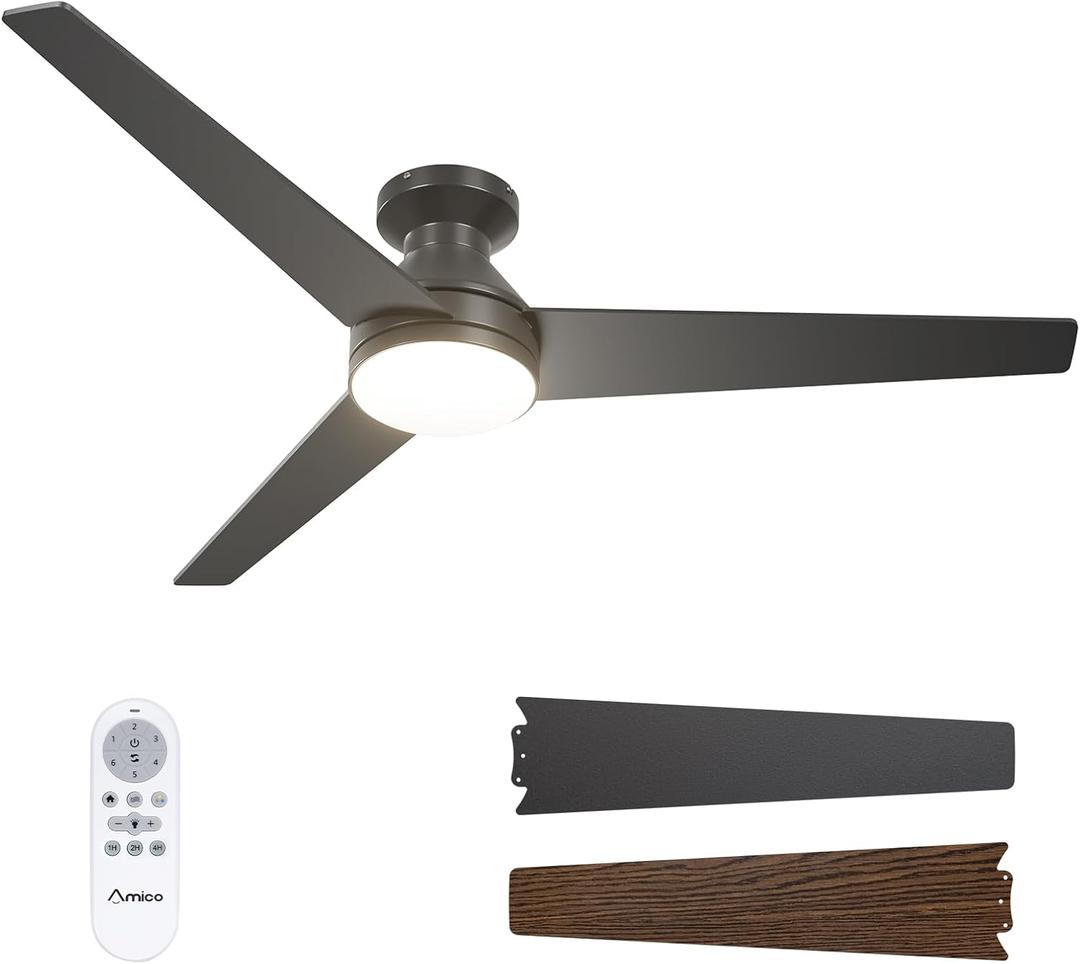 Amico Ceiling Fans with Lights, 52" Low Profile Ceiling fan with Light and Remote Control, Flush Mount, Reversible, 3CCT, Dimmable, Noiseless, Black Ceiling Fan for Bedroom, Indoor/Outdoor Use