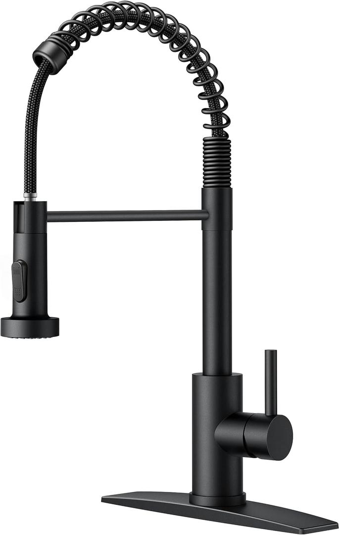 FORIOUS Black Kitchen Faucet with Pull Down Sprayer, Stainless Steel Commercial Single Handle Classic Spring Pull Out Kitchen Sink Faucet for Pot Filler, Farmhouse Camper Bar Laundry Room