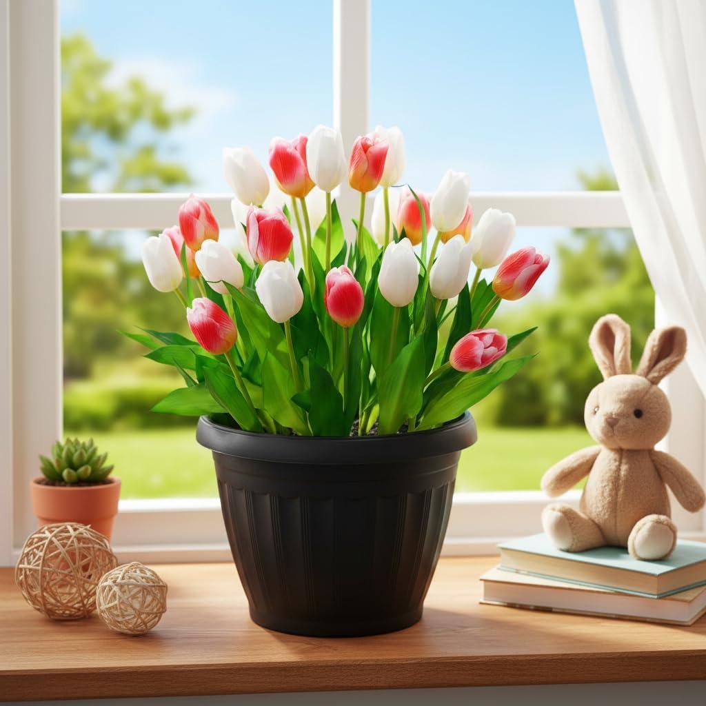 Artificial Tulips Flowers with Planter - Rose Pink & White Tulips Fake Flowers for Spring Summer Home Outdoor Porch Garden Valentine's Mother's Day