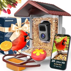 Bird Feeder with Camera Solar Powered, 2K Live Arrival Alert Auto Capture Video with 32GB TF Card, AI Identify Smart Camera Bird Feeder Ourdoor Backyard Gift for Mom Dad Birdlover, 2.4G WiFi