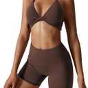 ABOCIW Workout Sets for Women 2 Piece Twist Front Halter Sports Bras High Waist Biker Shorts Exercise Gym Yoga Outfit (Medium, Coffee)