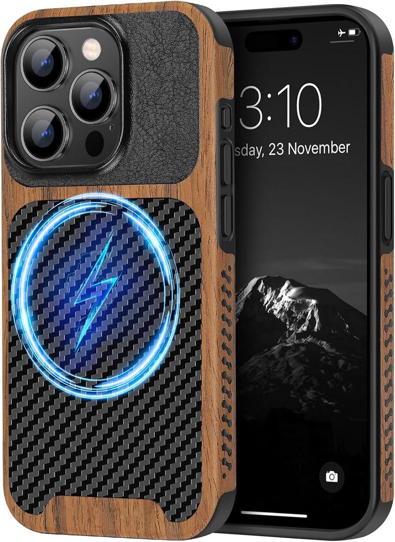 TENDLIN Magnetic Case Compatible with iPhone 15 Pro Case Wood Grain with Carbon Fiber Texture Design Leather Hybrid Slim Cover (Compatible with MagSafe) Black