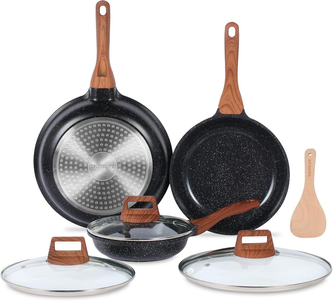 ESLITE LIFE Nonstick Ceramic Frying Pans Skillets Set with Lids, Non-Toxic Egg Omelette Kitchen Cooking Pans Compatible with All Stovetops (Gas, Electric & Induction), PTFE & PFOA Free (Black) (8"+9.5"+11" Set w/Lids)