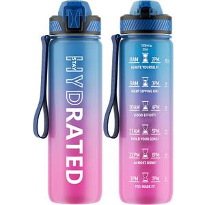 Water Bottle with Straw, 32oz Motivational Water Bottles with Time Marker to Drink, Tritan BPA Free, 1L Sports Water Bottle with Carry Strap LeakProof for Women Gym Fitness Outdoor (1 Pack) (Blue Purple)