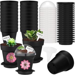 30 Pcs Plant Nursery Pots with Humidity Dome 2.95'' Small Plant Pots Plastic Gardening Container Planter Starter Seed Starting Trays for Seedlings Succulents with 30 Pcs Labels(Black)