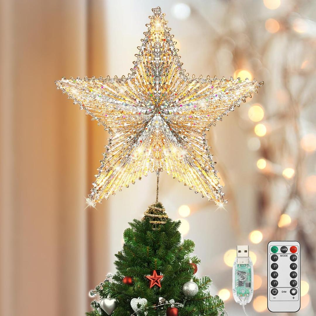 Luxspire Christmas Tree Topper, 3D Lighted Christmas Tree Star with Remote & USB, 9.8" Star for Christmas Tree Top, Holiday Decorations, 6H Timer & 8 Lighting Modes, Champagne Gold