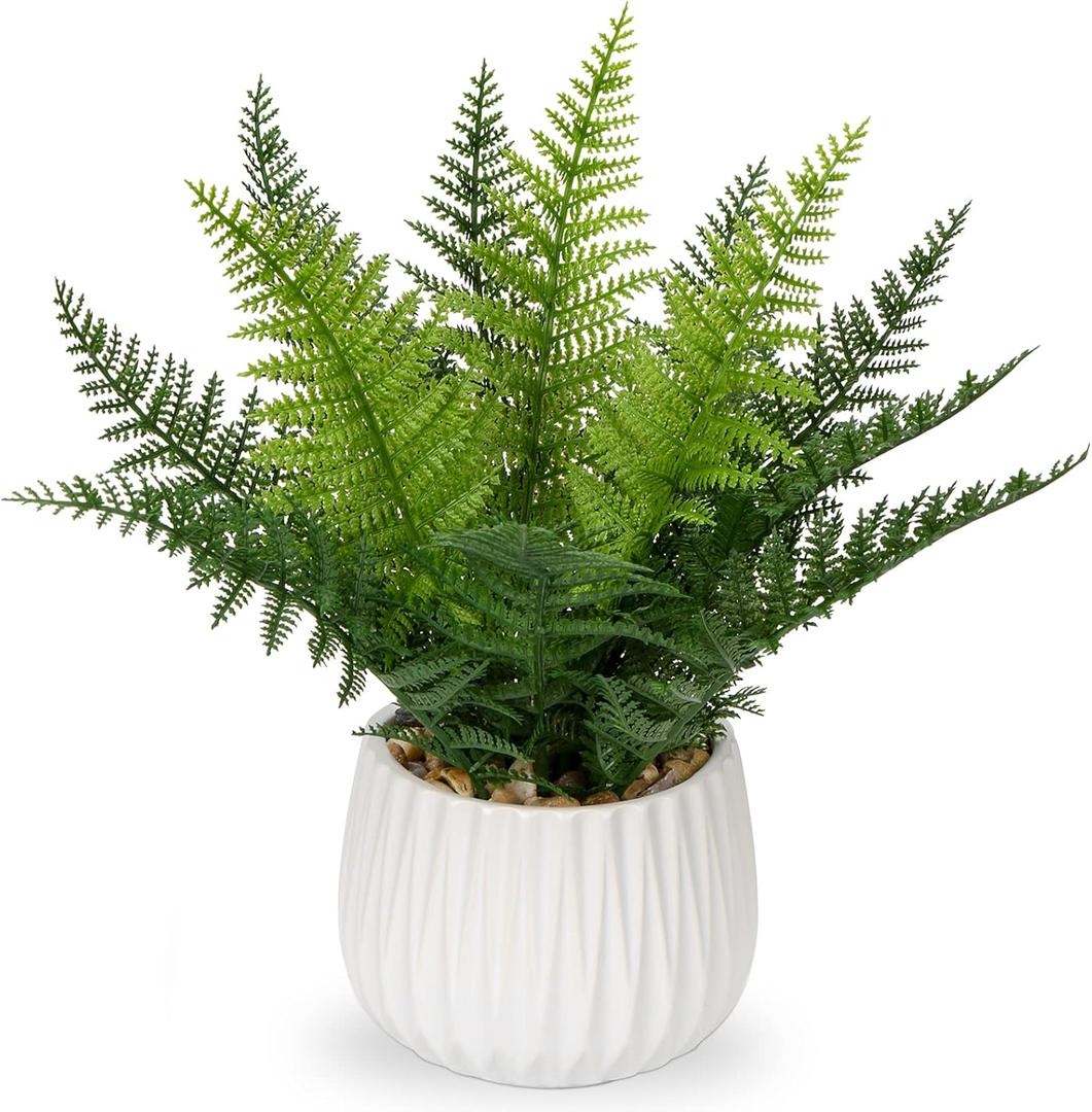 DILATATA Faux Plant Indoor in Ceramic Pot 12" Artificial Potted Fern Fake House Plants for Desk Office Bathroom Garden Decoration - White