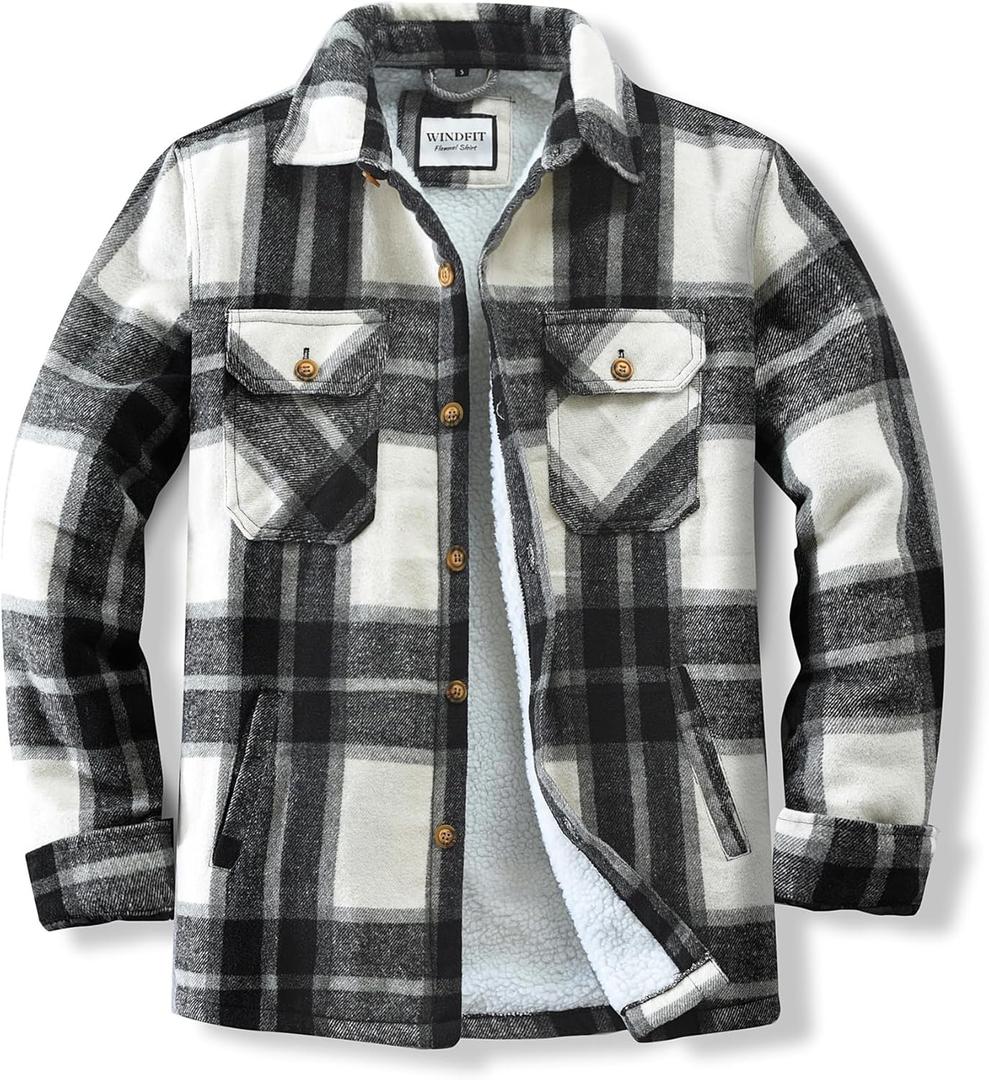 WINDFIT Men's Cotton Sherpa Lined Button Down Flannel Shirt Jacket Plaid Soft Outdoor Flannel Jacket Shirt (Medium)