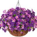 INSPRING Artificial Outdoor Flowers Hanging Baskets Faux Plants Summer Decoration, UV Resistant Fake Silk Morning Glory in Planter Look Real Petunias for Outside Patio Porch Balcony Garden Home, 2Mix