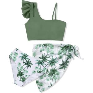Girls Swimsuits Hawaiian Teen Bathing Suits 3 Piece Tropical Floral Ruffle Strap Bikini Set with Cover Up Skirt 11-12T