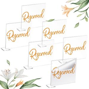 Bucherry 6 Pcs Orange Reserved Table Signs 3.9 x 3.5 for Wedding Clear Acrylic Reserved Seating Signs Stands with Cursive Letters for Table Wedding Reception Party Meeting Restaurant Ceremony