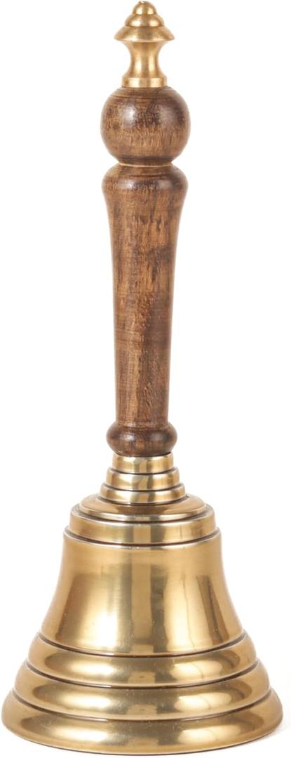 Hand Bell with Antique Brass Finish and Wooden Handle Perfect for Weddings, Schools, Games, Reception Desks, Religious Ceremonies & Events 3 Diameter, 8 Height