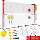 Pickleball Badminton Net Set for Backyards, All-in-One Portable Volleyball Combo Set with Adjustable Net, Volleyball Pickleball Paddles & Badminton Rackets for Indoor Outdoor