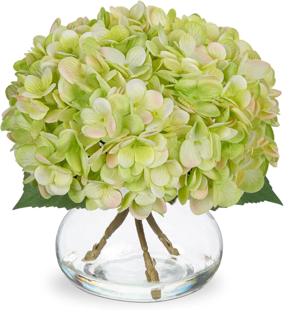 Hollyone Hydrangea Artificial Flowers with Glass Vase Green Silk Faux Flowers Arrangements in Vase with Faux Water Fake Floral Bulk Bouquet for Home Decor Table Centerpiece Decorations, Product Dimensions 9"D x 9"W x 9.5"H