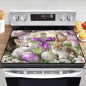 Easter Theme Glass Stove Top Cover Protector,Heat Resistant Range Ceramic Stove Top Covers Mat,Easter Eggs & Bunny Cooktop Protector,Cherry Blossoms Glass Cooktop Protector