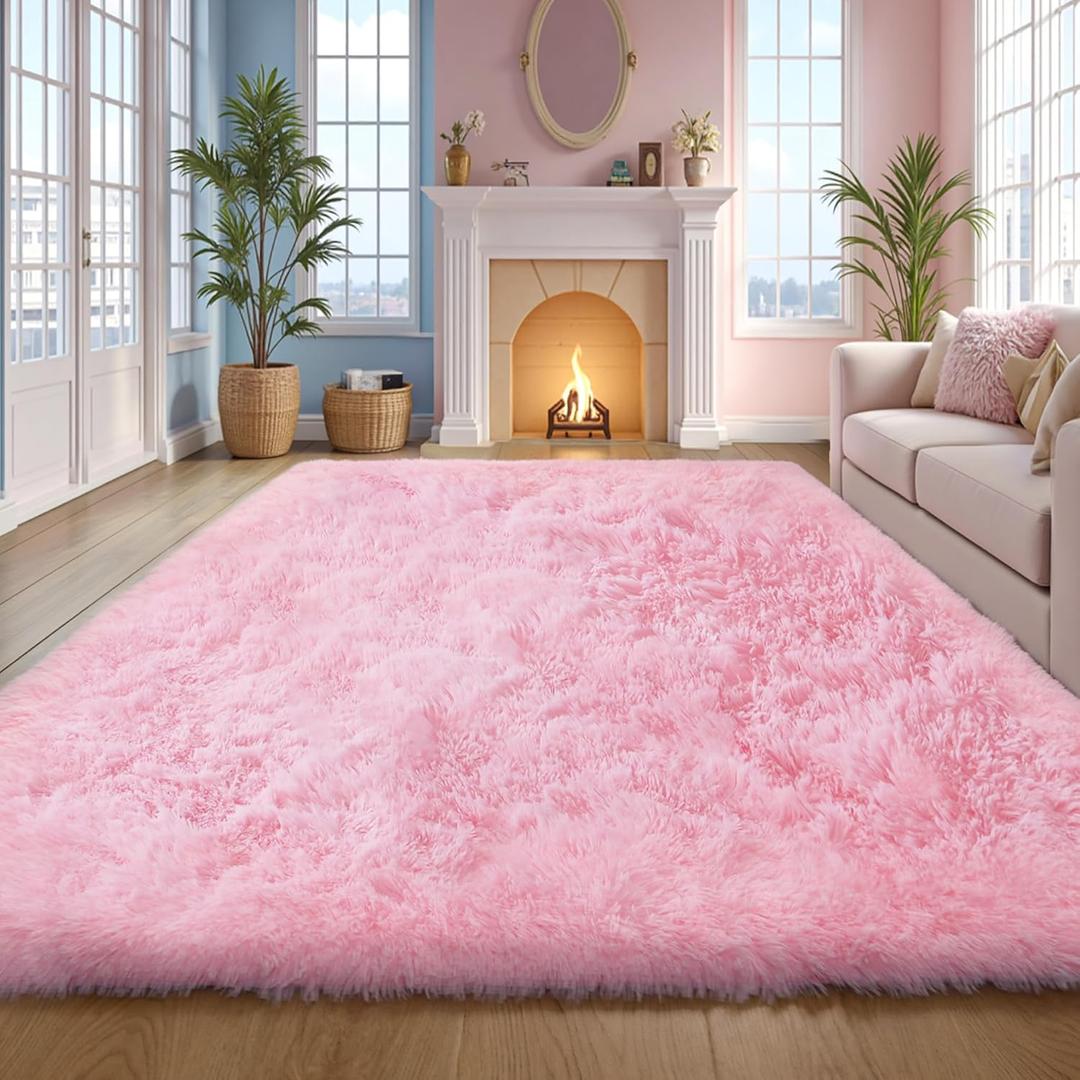 Pink Fluffy 8x10 Large Area Rugs for Bedroom Living Room Girls, Soft Washable Fuzzy Furry Shag Rug for Kids Room, Nursery, Dorm Decor, Cute Plush Carpet for Baby Toddler