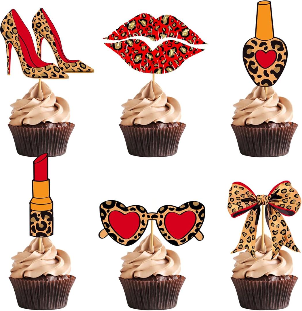 24Pcs Cheetah Cupcake Toppers Cheetah Cake Decorations Cheetah Print Party Decorations Girls Makeup Bachelorette Birthday Bridal Shower Supplies for Women