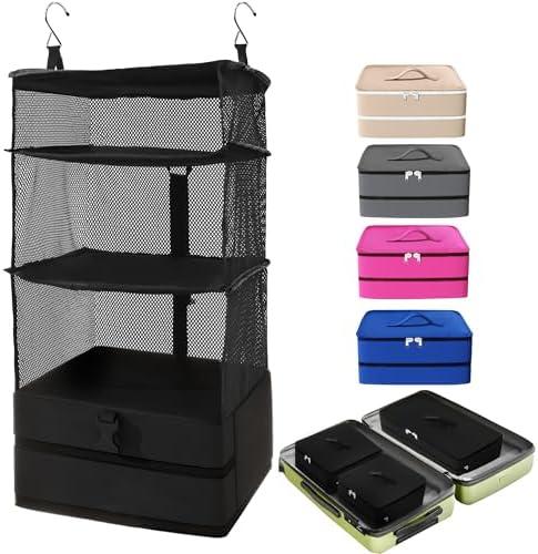 Caroeas Portable Hanging Travel Shelves Bag Suitcase Organizer Carry-on Closet Packing Cubes for Travel, 3-Shelf Suitcase Closet with 2 Hooks, Large Capacity, Black
