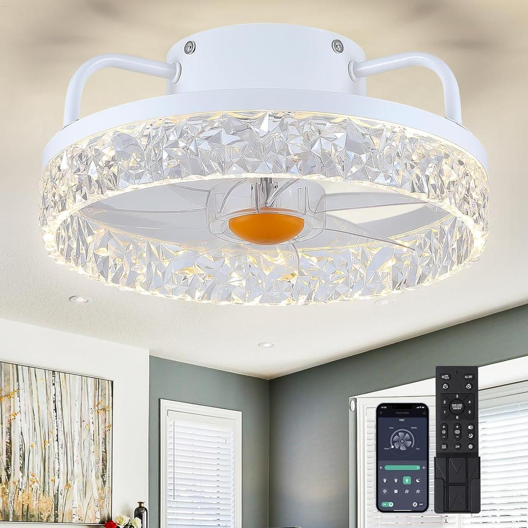 White Ceiling Fans with Lights and Remote - Low Profile Flush Mount Ceiling Fans - 13 Modern Bladeless Enclosed Ceiling Fans with Led Light and Stepless Dimming, White Small Ceiling Fan for Bedroom