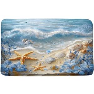 Nautical Coastal Bath Mat Beach Starfish Seashell Blue Flower Ocean Waves Marine Life Modern Microfiber Memory Foam Bathroom Rug Doormat Kitchen Toilet Floor Rug (17.8x29.5Inch(45x75cm))
