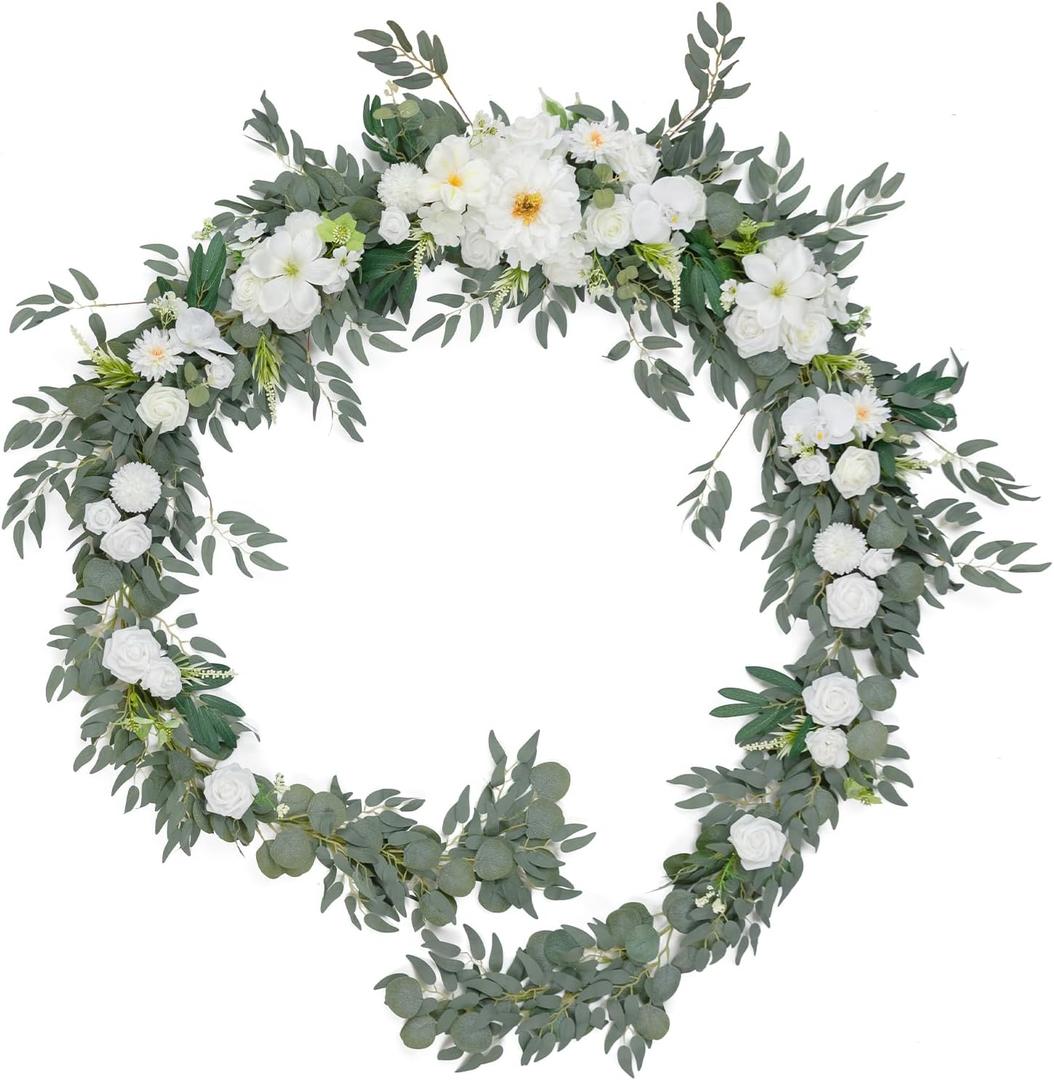 TINGE TIME 9FT Artificial Flower Garland, Handcrafted Eucalyptus Garland with Flowers, Floral Vine for Wedding Decoration Reception Sweetheart Table (IvoryWhite)