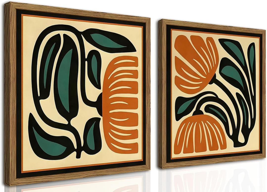 Mid Century Floral Wall Art Set of 2, Modern Square Abstract Botanical Wall Decor Picture, Vintage Boho Eclectic Plant Canvas Prints Paintings for Bedroom Living Room 16x16 inch Wood Framed