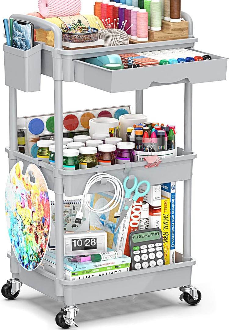 SUNALLY 3 Tier Rolling Cart with Drawer, Bathroom Storage Organizer with 2 Lockable Wheels, Multifunctional Rolling Storage Cart for Bathroom, Kitchen, Office, Craft, Makeup, Baby Essentials, Gray