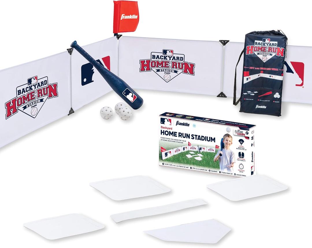 Franklin Sports MLB Kids Backyard Baseball Stadium - Kids Plastic Baseball Set with Home Run Walls, Bat, Plastic Balls + Throw Down Bases - 14' Fence for Backyard Diamond