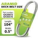 GX20072 Mower Deck Belt for John Deere 42 inch D105 D110 D130 E100 L100 L110 L118 L120 L130 LA105 LA115 S100 100 Series Lawn Mower GY20570 - Aramid Deck Belt, 1/2" X 104"
