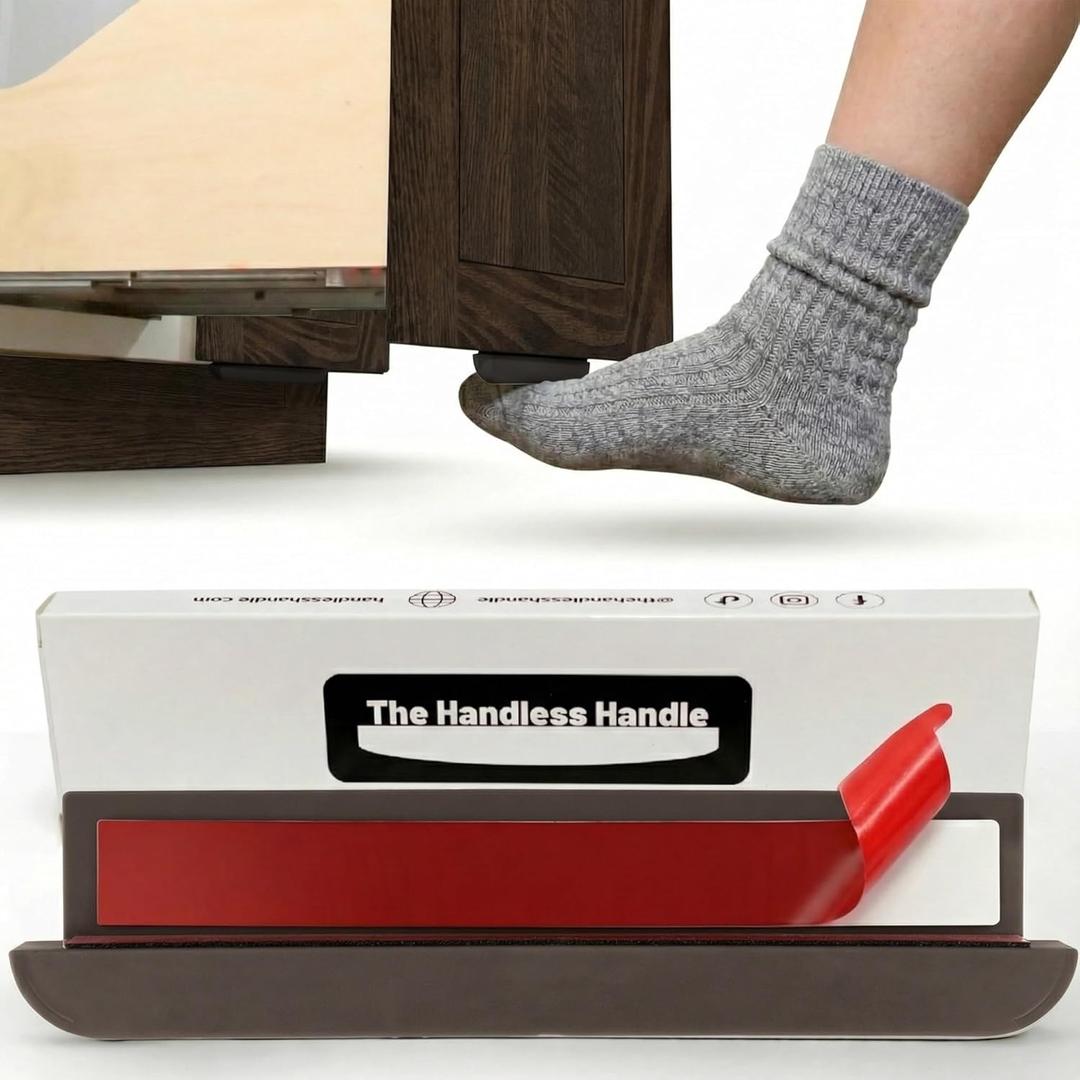 The Handless Handle  Hands-Free Garbage Drawer Foot Pull Handle, Touchless Opener for Drawers, Bins, & Cabinets (Brown, 1 Pack)