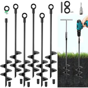 Ground Anchors Screw in, 18 Inch Heavy Duty Swing Set Ground Anchor Kit 6 Pack, Spiral Earth Trampoline Stakes High Wind Metal Auger Stakes for Dog Sheds Tent Carports Camping (Black)