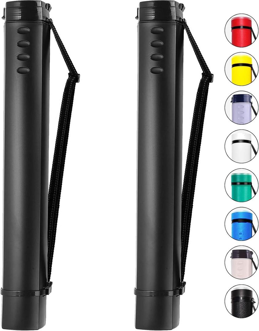 2-Pack Extendable Poster Tubes Expand from 24.5 to 40 with Shoulder Strap | Carry Documents, Blueprints, Drawings and Art | Black Portable Durable Round Storage Cases with Lids and Labels