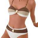 SweatyRocks Women's Bikini Sets Patchwork Metal Beaded Decor High Waisted Bathing Suits (L)