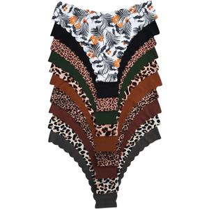 Women's 10 Pack Thongs Set Leopard Print Seamless Brief Floral Scallop Mid Rise No Show Panty Set (X-Large, Multicolor)