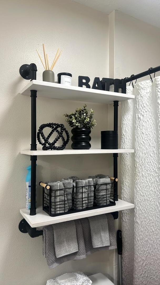 ROGMARS Industrial Pipe Shelving Bathroom Shelves with Towel Bar,3 Tier 24 inch Retro White Rustic Farmhouse Industrial Wall Shelf Bathroom Shelves Over Toilet for Storage