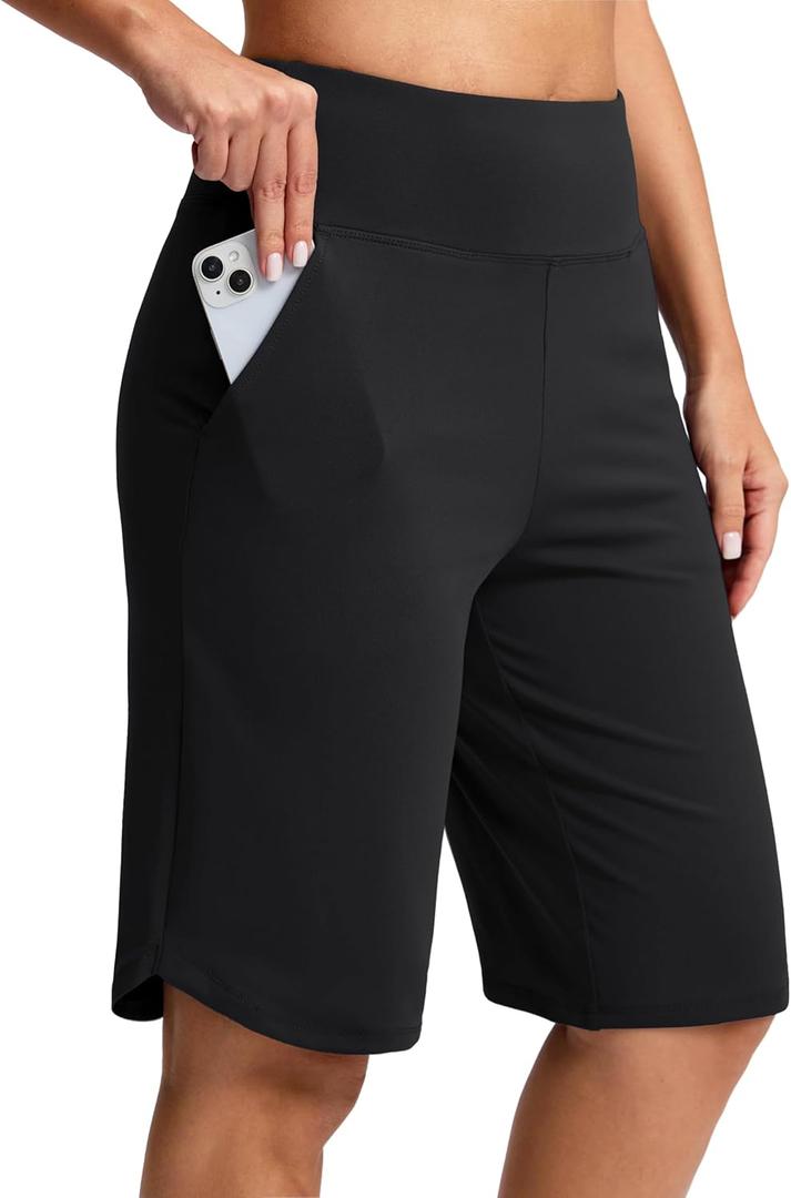 SANTINY 12" Long Bermuda Shorts for Women Knee Length with Pockets High Waisted Stretch Shorts for Summer Walking (Large, Black)