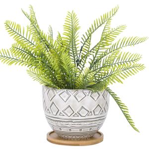 VanEnjoy 5.5 inch Large Round Bohemian Style Ceramic Planter, Geometry Engrave Off White Brown Succulent Planter Flower Pot - Indoor Outdoor Decorative Planter (#01)
