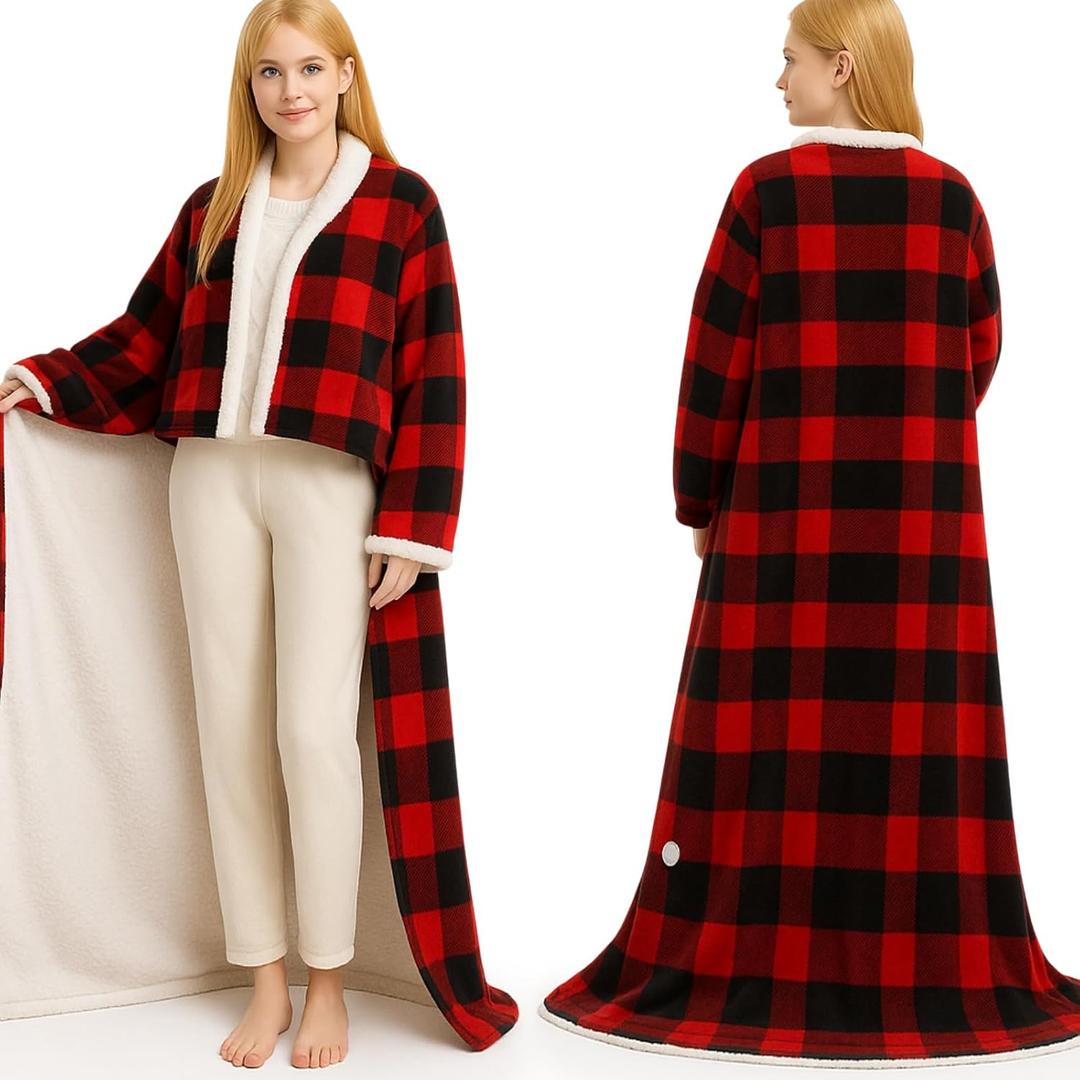 Tuanse Wearable Electric Blanket with Foot Pocket 70" x 50" Soft Flannel Heated Wrap with Sleeves, 8 Heating Levels & 1 to 12 Hours Auto Shut Off, Machine Washable, Black and Red Checkered Patter