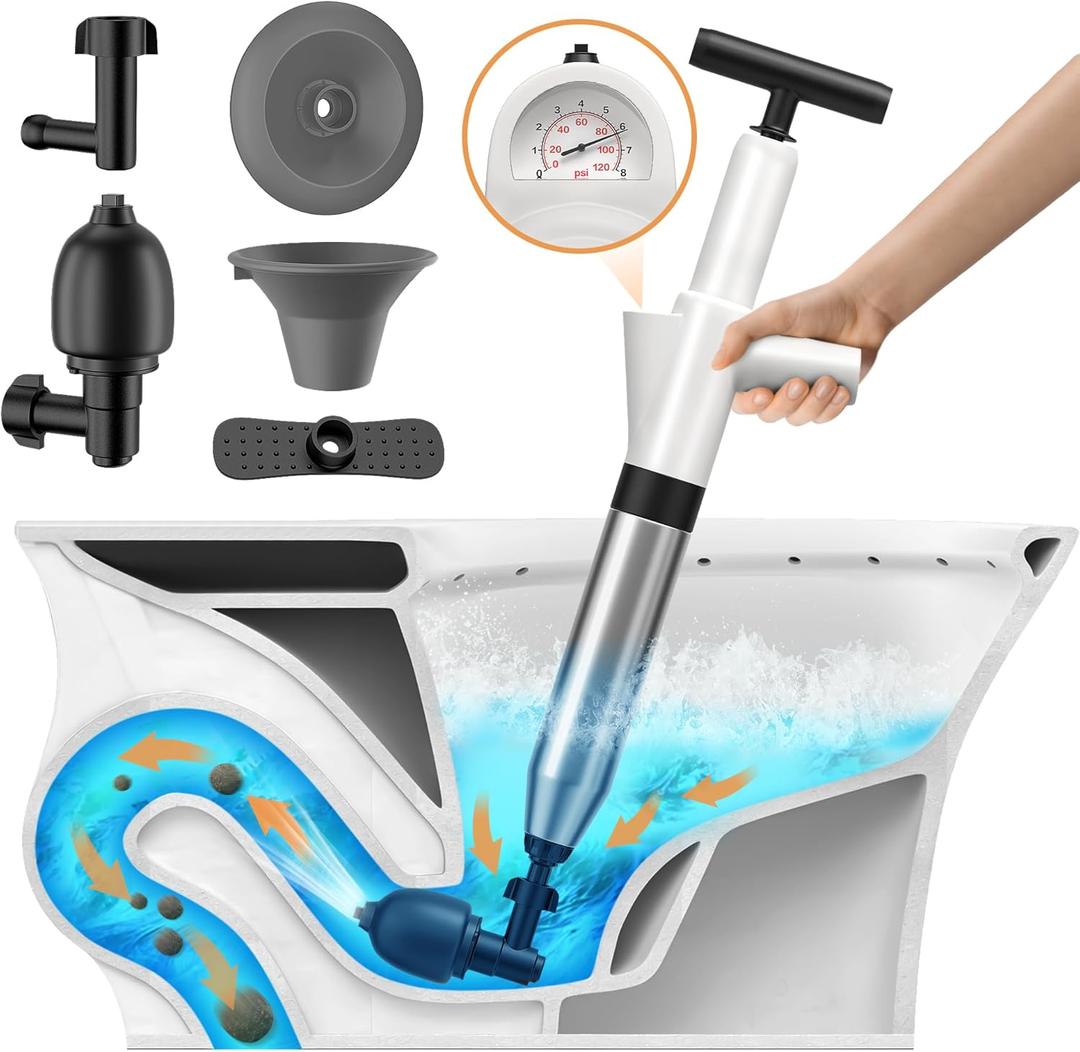 Toilet Plunger, Drain Clog Remover, High-Pressure Air Drain Blaster with Real-Time Barometer Powerful Drain Snake Sink Plunger Plumbing Tools, Plungers for Bathroom, Sink, Floor, Kitchen Clogged (White)